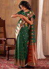 Dark Green Woven Banarasi Saree With Temple Border