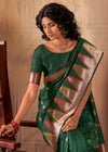 Dark Green Woven Banarasi Saree With Temple Border