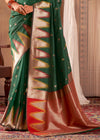 Dark Green Woven Banarasi Saree With Temple Border