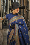 Dark Navy Blue Banarasi Soft Silk Saree