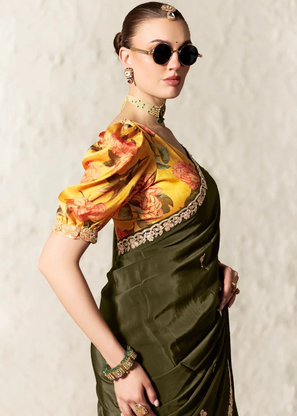 Dark Olive Green Designer Organza Saree with Yellow Contrast Blouse