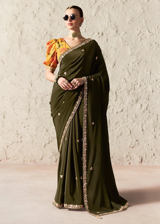 Dark Olive Green Designer Organza Saree with Yellow Contrast Blouse