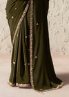 Dark Olive Green Designer Organza Saree with Yellow Contrast Blouse