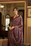 Dark Red Ajrakh Printed Satin Saree