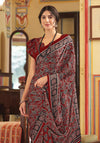 Dark Red Ajrakh Printed Satin Saree