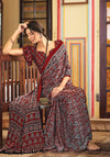 Dark Red Ajrakh Printed Satin Saree