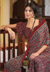 Dark Red Ajrakh Printed Satin Saree