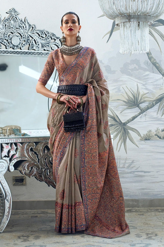 Dark Silver Kashmiri Handloom Woven Jamawar Silk Saree