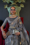 Davy's Grey Banarasi Woven Satin Silk Saree