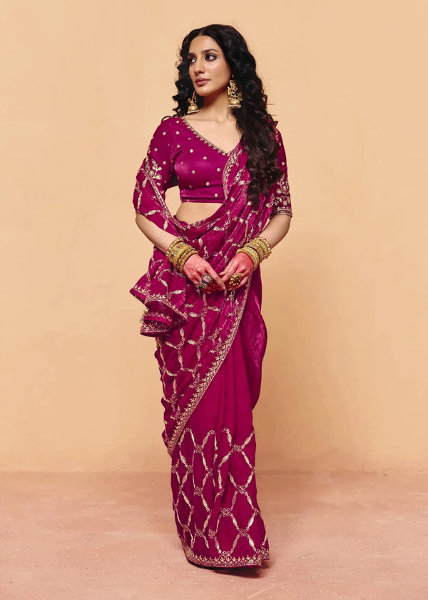 Deep Magenta Satin Silk Designer Saree
