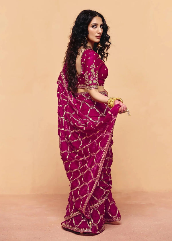 Deep Magenta Satin Silk Designer Saree