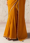 Deep Marigold Designer Organza Saree with Teal Contrast Blouse