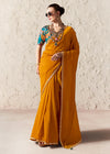 Deep Marigold Designer Organza Saree with Teal Contrast Blouse