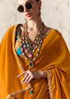 Deep Marigold Designer Organza Saree with Teal Contrast Blouse