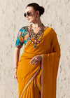 Deep Marigold Designer Organza Saree with Teal Contrast Blouse