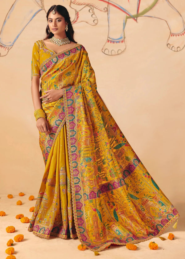Deep Marigold Mustard Pichwai Designer Dola Silk Saree