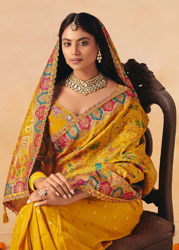 Deep Marigold Mustard Pichwai Designer Dola Silk Saree