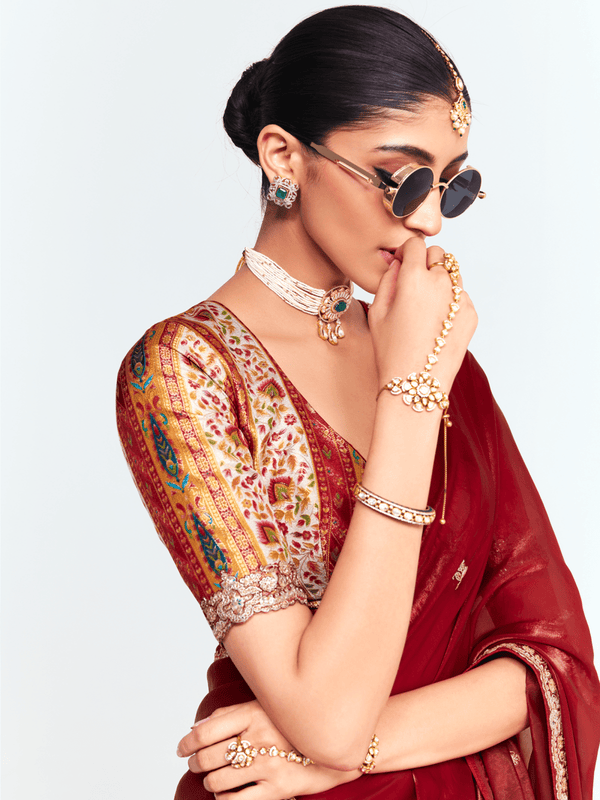 Deep Maroon Designer Tissue Silk Saree With Contrast Blouse