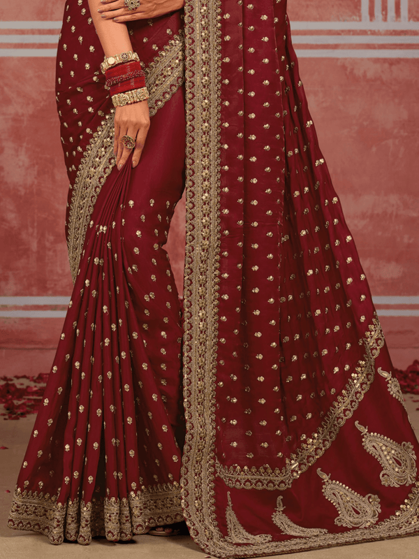 Deep Maroon Embroidered Designer Satin Silk Saree