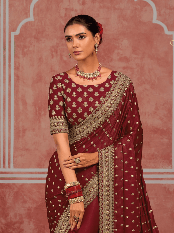 Deep Maroon Embroidered Designer Satin Silk Saree