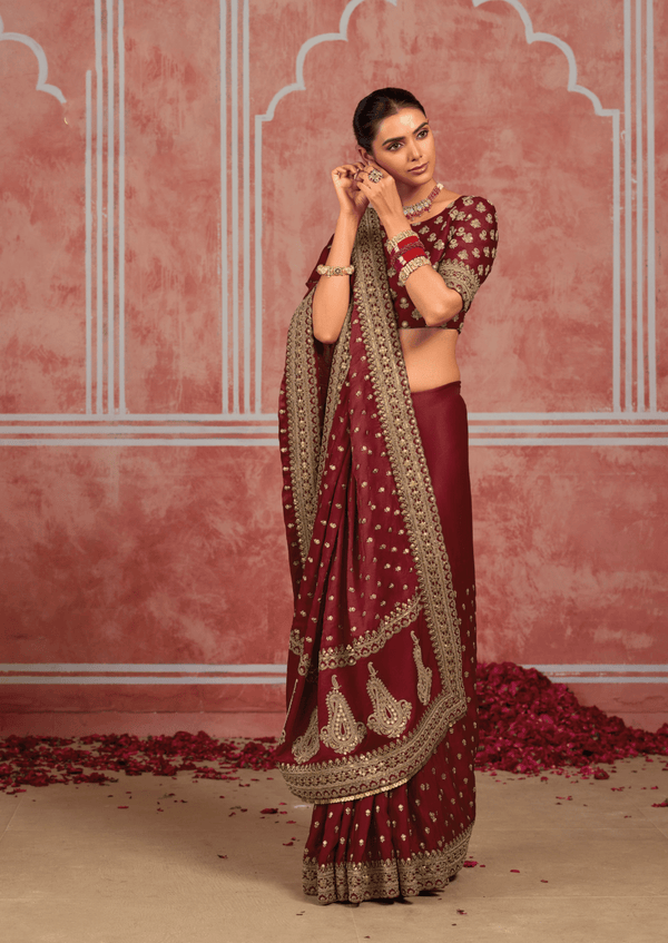 Deep Maroon Embroidered Designer Satin Silk Saree