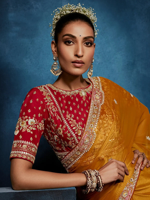 Deep Mustard Designer Silk Saree with Contrast Red Blouse