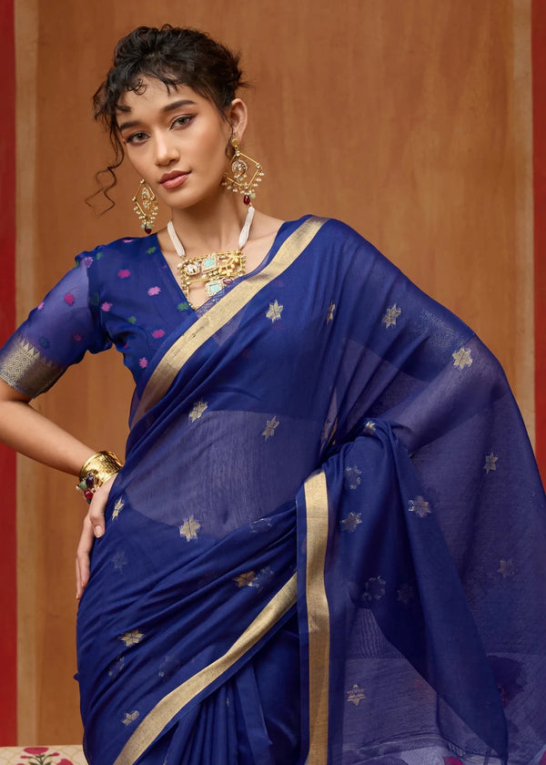 Deep Navy Blue Cotton Silk Saree