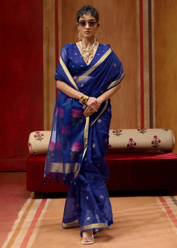 Deep Navy Blue Cotton Silk Saree
