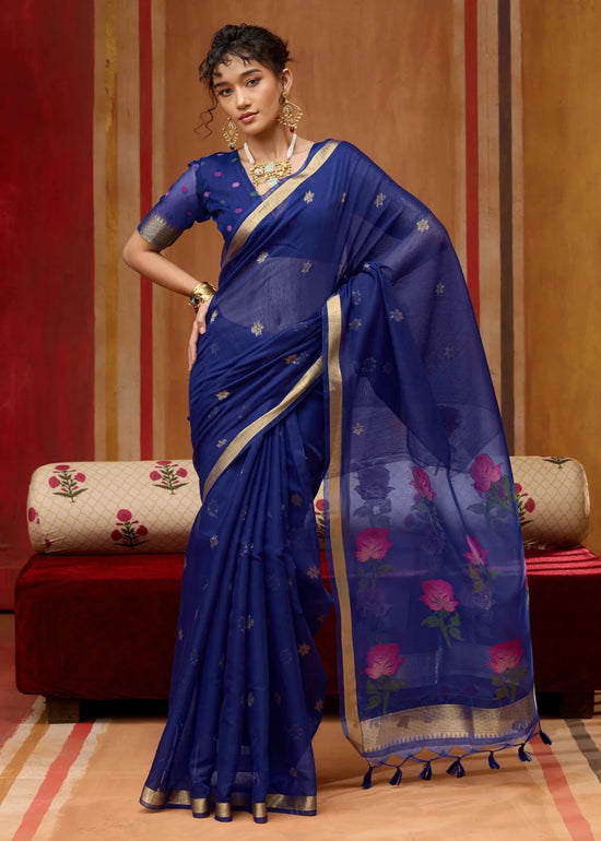 Deep Navy Blue Cotton Silk Saree