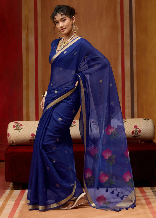 Deep Navy Blue Cotton Silk Saree