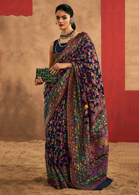 Deep Navy Blue Kashmiri Chinar Cotton Pashmina Saree