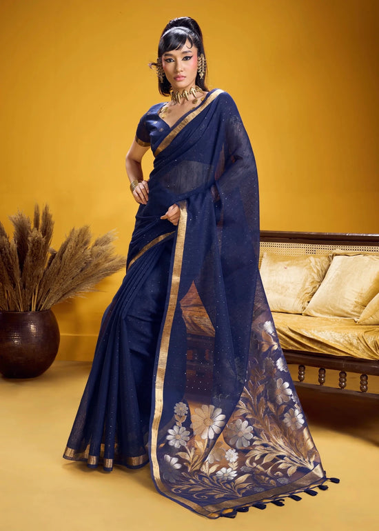 Deep Navy Blue Linen Silk Saree