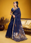 Deep Navy Blue Linen Silk Saree