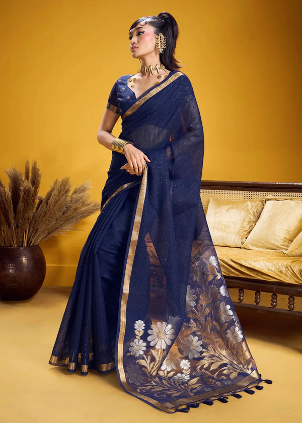 Deep Navy Blue Linen Silk Saree