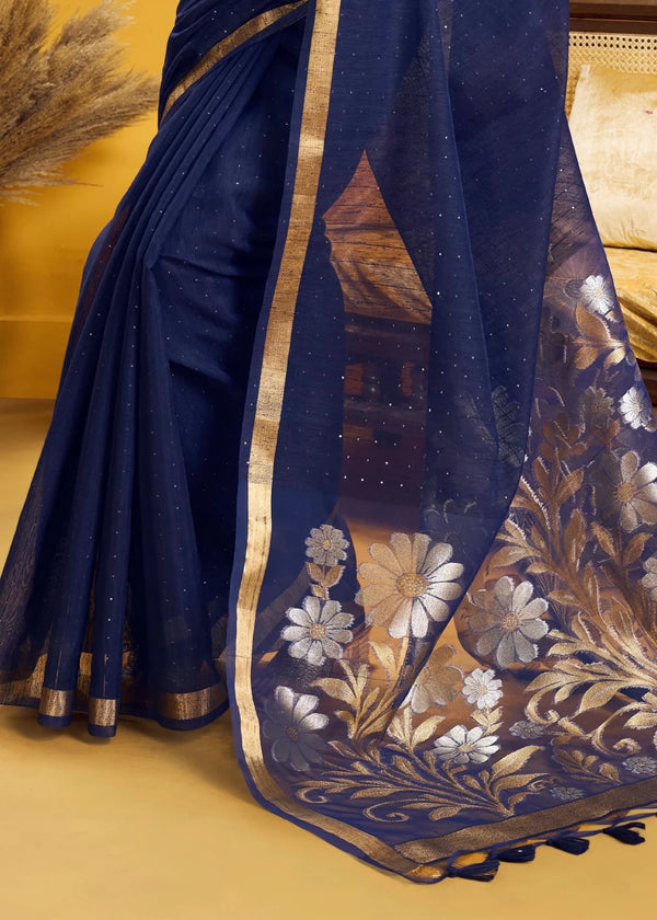 Deep Navy Blue Linen Silk Saree