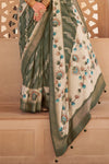 Deep Olive Green And Off White Banarasi Silk Saree With Floral Pallu