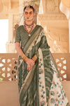 Deep Olive Green And Off White Banarasi Silk Saree With Floral Pallu