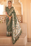 Deep Olive Green And Off White Banarasi Silk Saree With Floral Pallu