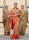 Deep Orange And Olive Green Dharmavaram Silk Saree