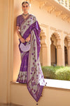 Deep Purple And Light Grey Banarasi Silk Saree With Floral Pallu