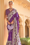 Deep Purple And Light Grey Banarasi Silk Saree With Floral Pallu