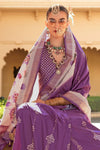 Deep Purple And Light Grey Banarasi Silk Saree With Floral Pallu