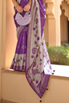 Deep Purple And Light Grey Banarasi Silk Saree With Floral Pallu