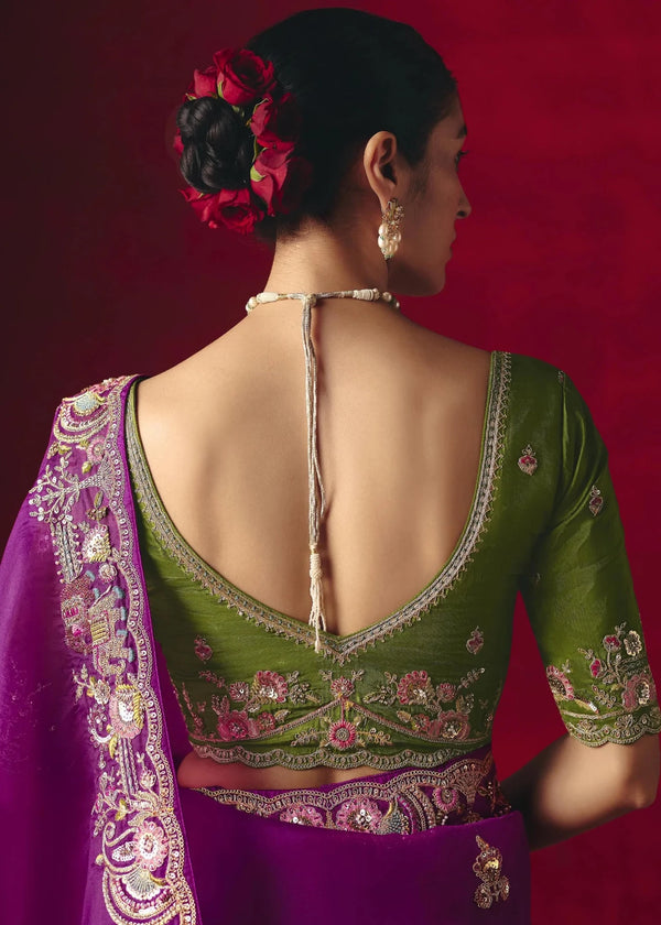 Deep Purple Designer Silk Saree with Contrast Blouse