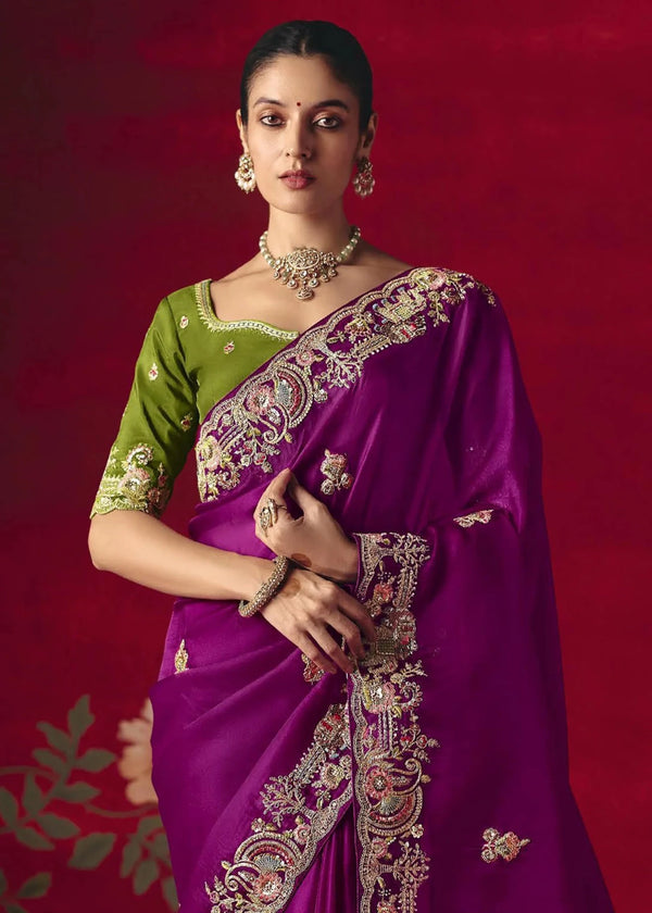 Deep Purple Designer Silk Saree with Contrast Blouse