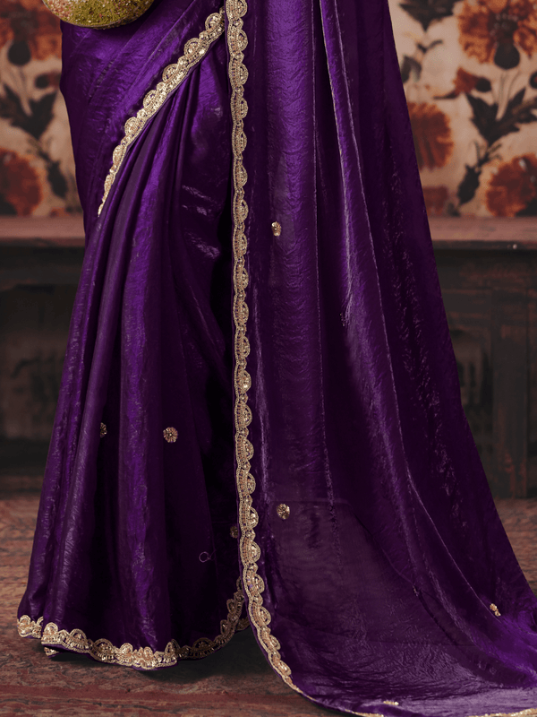Deep Purple Embroidered Designer Satin Silk Saree With Contrast Blouse