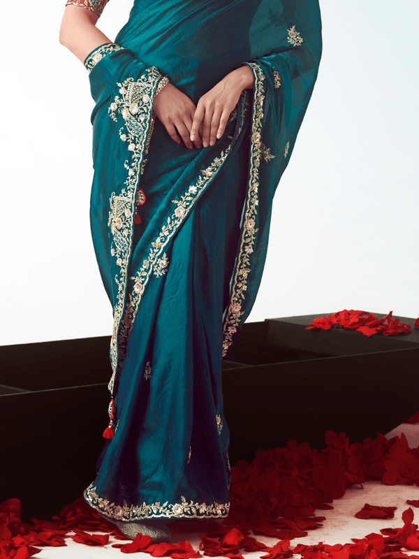 Deep Teal Embroidered Designer Satin Silk Saree With Contrast Blouse