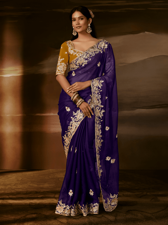 Deep Violet Embroidered Designer Organza Silk Saree