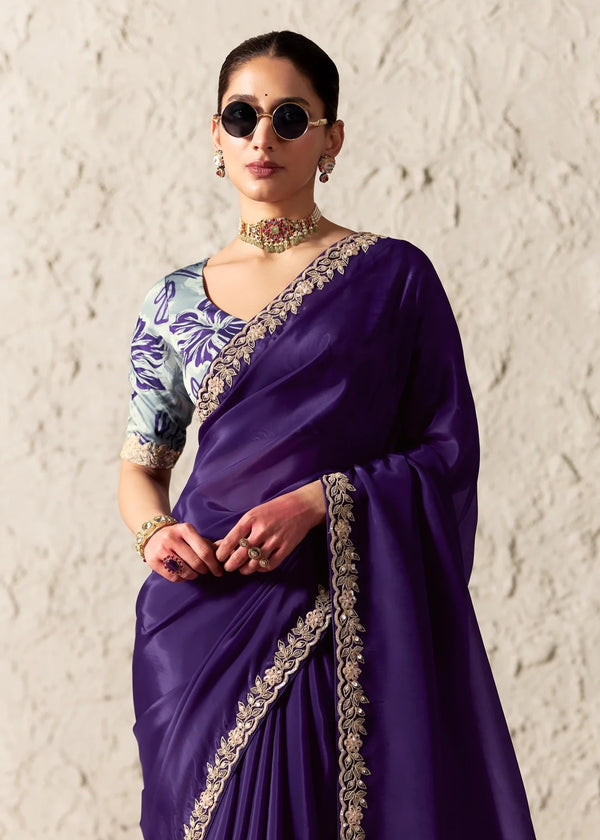 Deep Violet Organza Saree with Grey Contrast Blouse