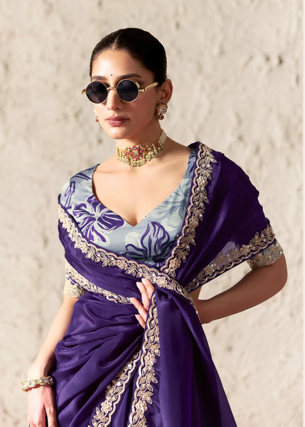 Deep Violet Organza Saree with Grey Contrast Blouse